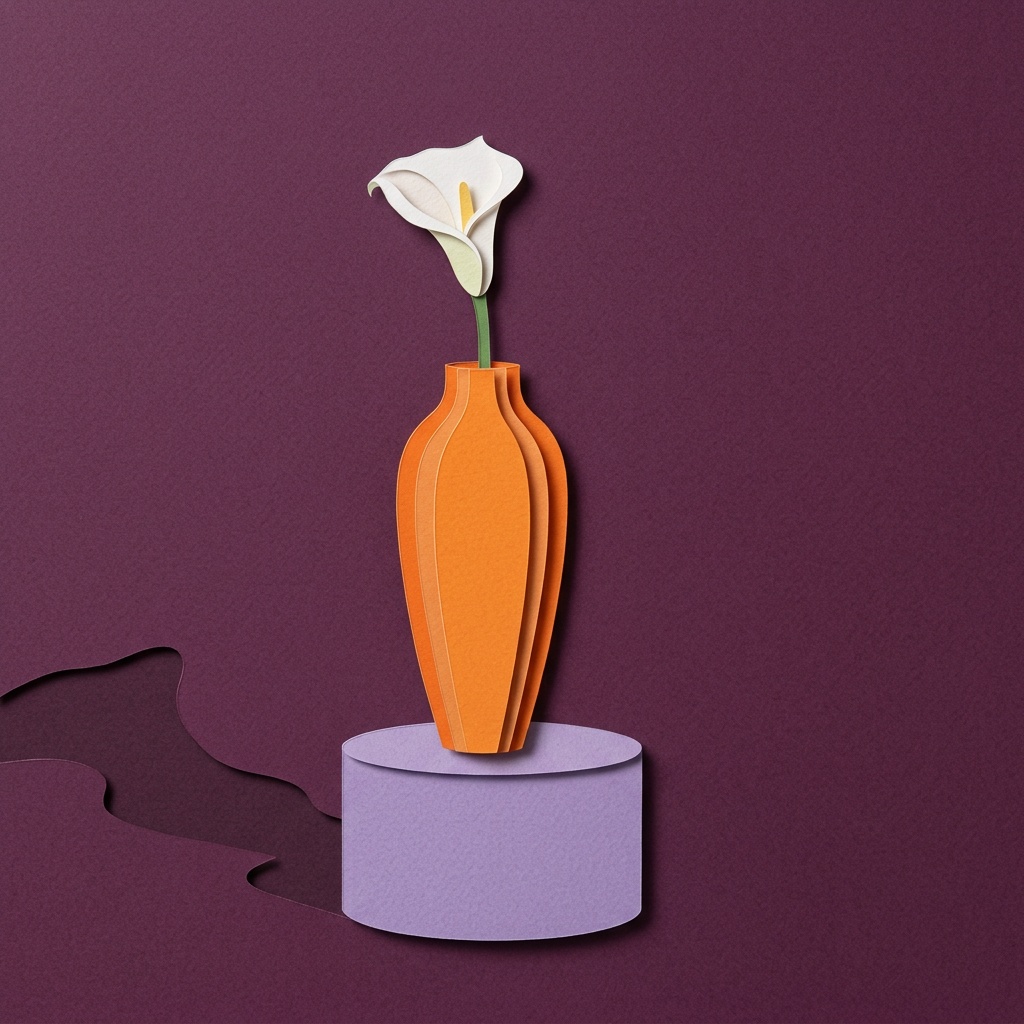 Generated layered paper artwork of an orange vase and a white calla lily