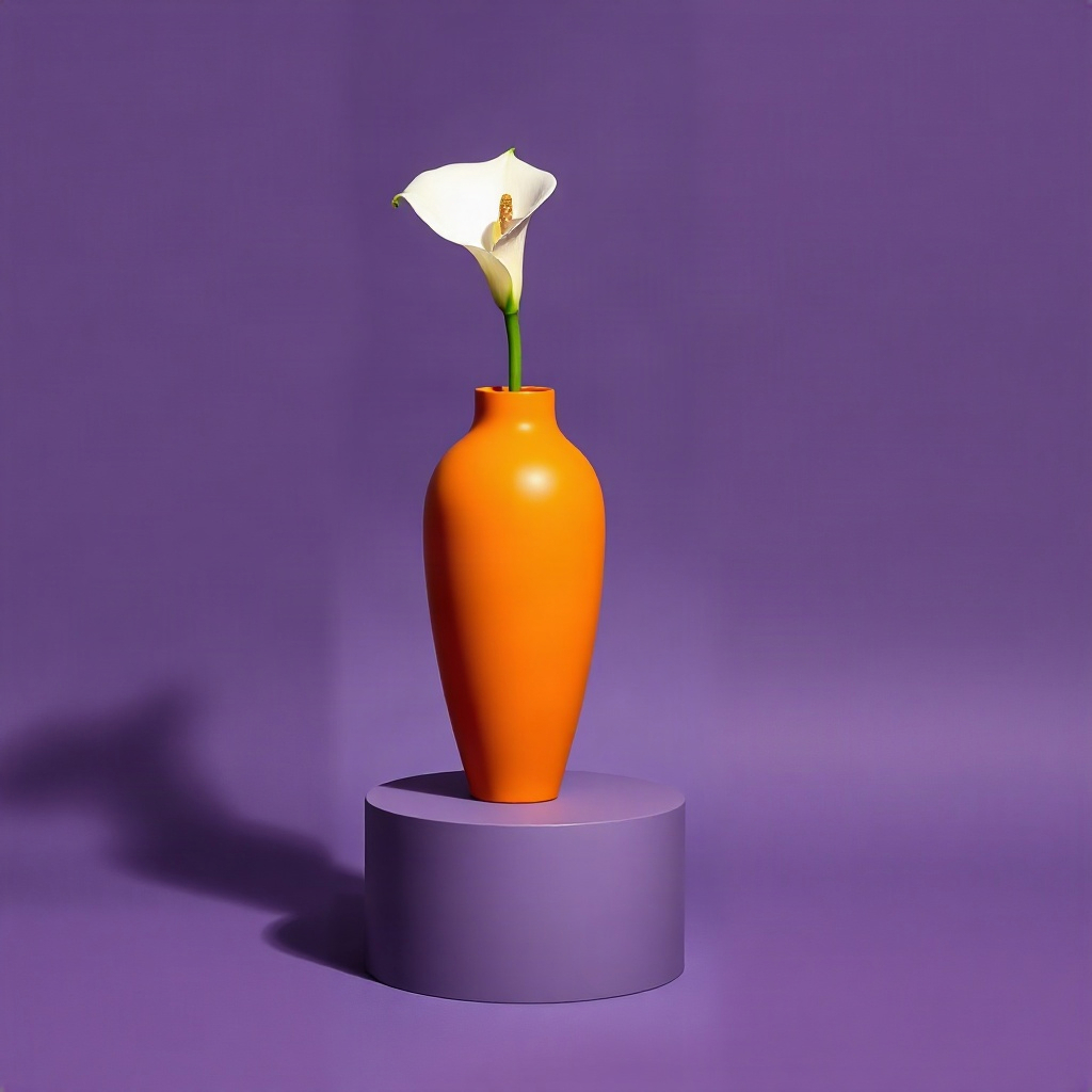 Original studio still life of an orange vase and a white calla lily